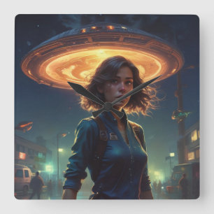 Alien UFO Encounter By Girl in Town Square Wall Clock