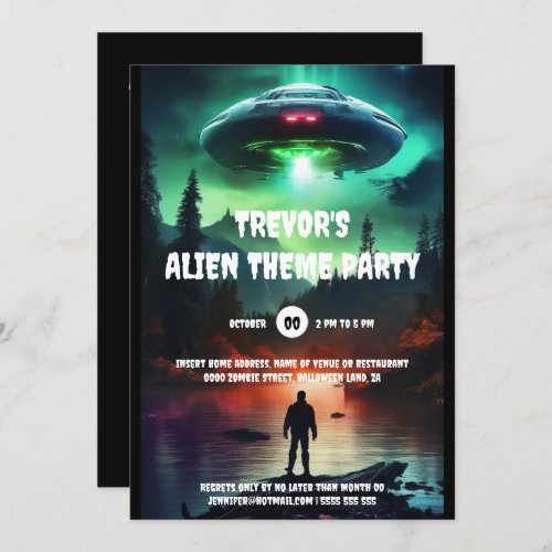 Alien UFO invasion birthday theme party Invitation