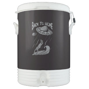 alien ufo surfing illustration with back to home beverage cooler