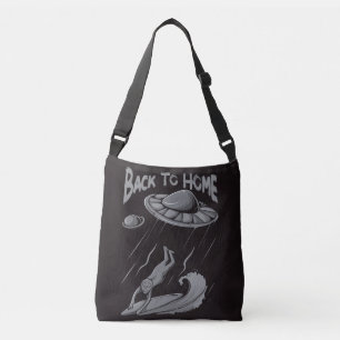 alien ufo surfing illustration with back to home   crossbody bag