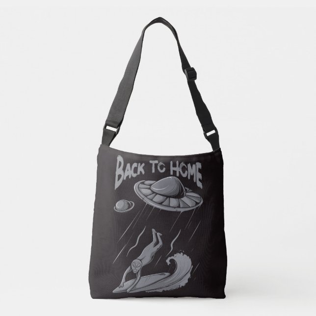 alien ufo surfing illustration with back to home   crossbody bag (Front)