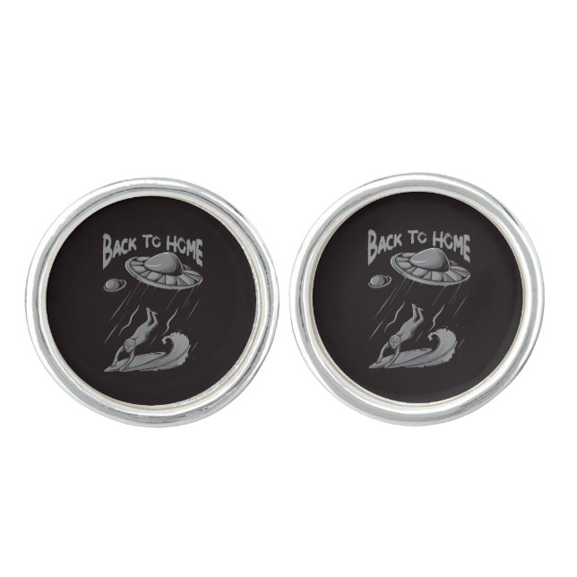 alien ufo surfing illustration with back to home   cufflinks (Front)