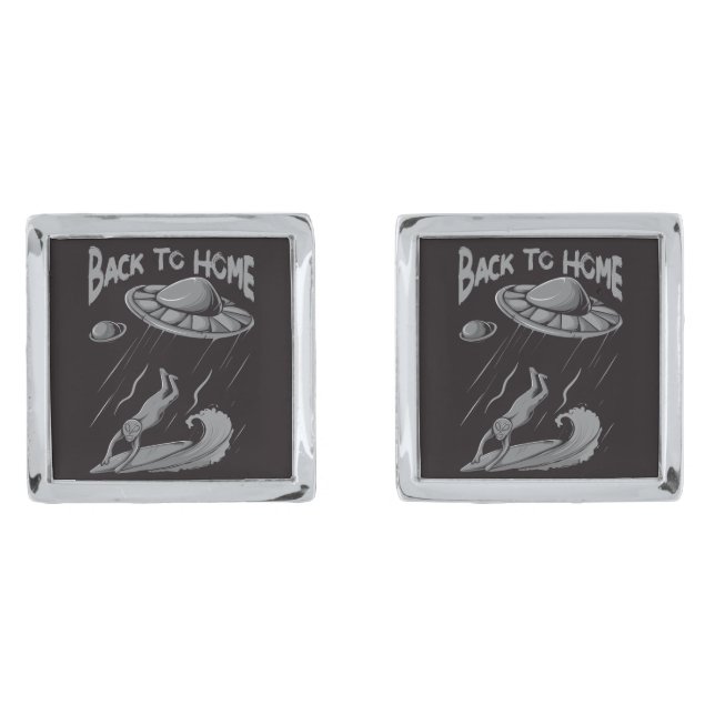 alien ufo surfing illustration with back to home   cufflinks (Front)