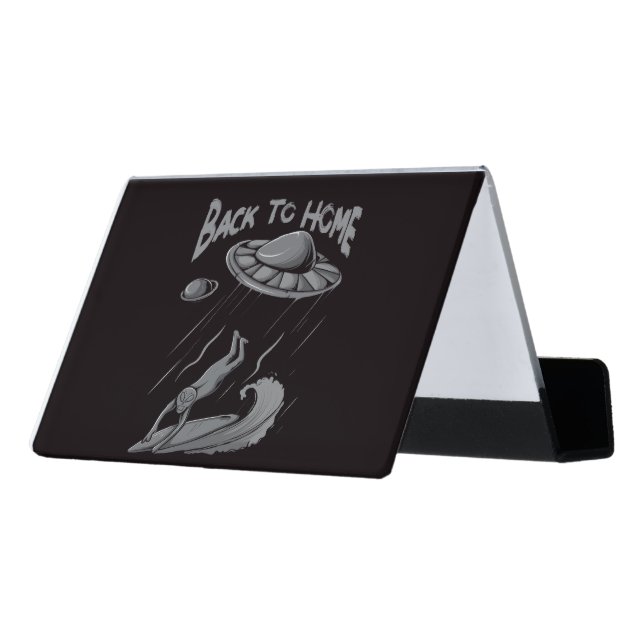 alien ufo surfing illustration with back to home   desk business card holder (Angled Back)