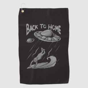 alien ufo surfing illustration with back to home golf towel