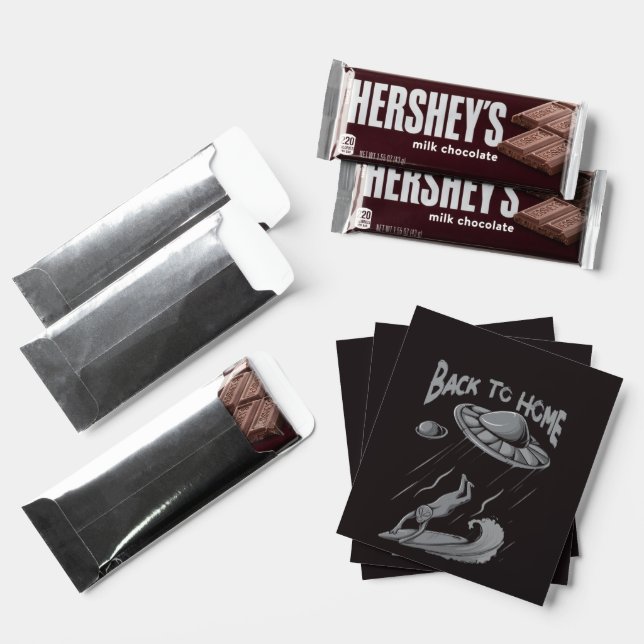 alien ufo surfing illustration with back to home   hershey bar favors (Front)
