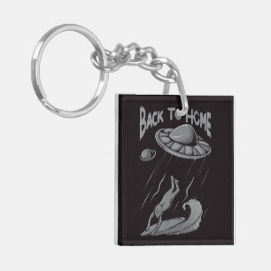 alien ufo surfing illustration with back to home   keychain