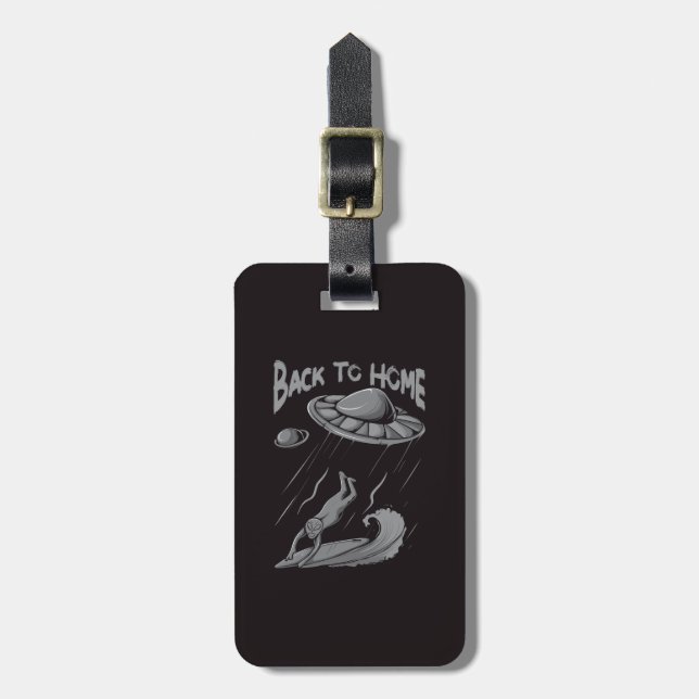 alien ufo surfing illustration with back to home   luggage tag (Front Vertical)