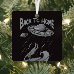 alien ufo surfing illustration with back to home metal ornament