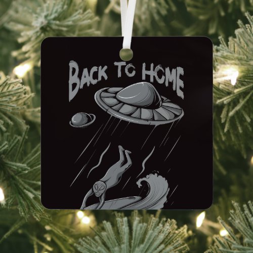 alien ufo surfing illustration with back to home   metal ornament