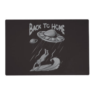 alien ufo surfing illustration with back to home placemat