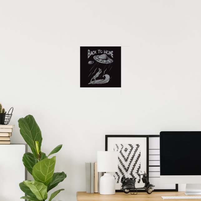 alien ufo surfing illustration with back to home   poster (Home Office)