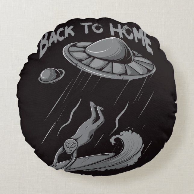 alien ufo surfing illustration with back to home  round pillow (Front)