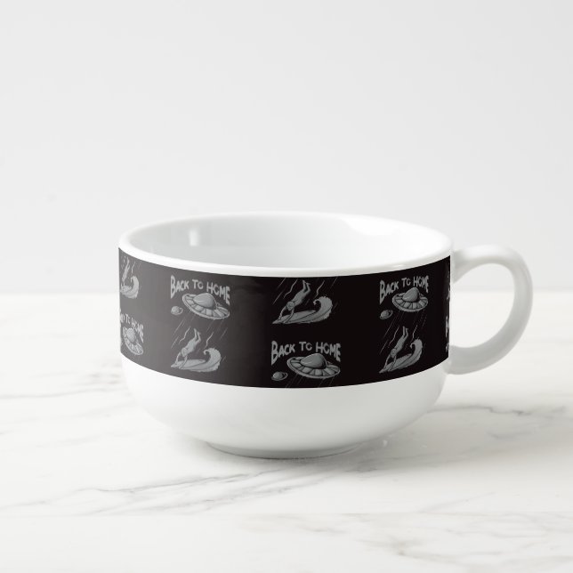 alien ufo surfing illustration with back to home   soup mug (Left)