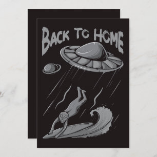 alien ufo surfing illustration with back to home thank you card