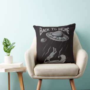 alien ufo surfing illustration with back to home   throw pillow