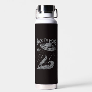 alien ufo surfing illustration with back to home  water bottle