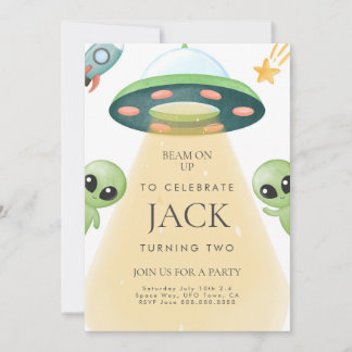 Alien UFO Watercolor Birthday Invitation For Kids
