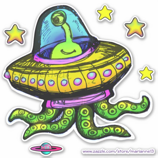 Alien UFO With Tentacles Art Sticker (Front)