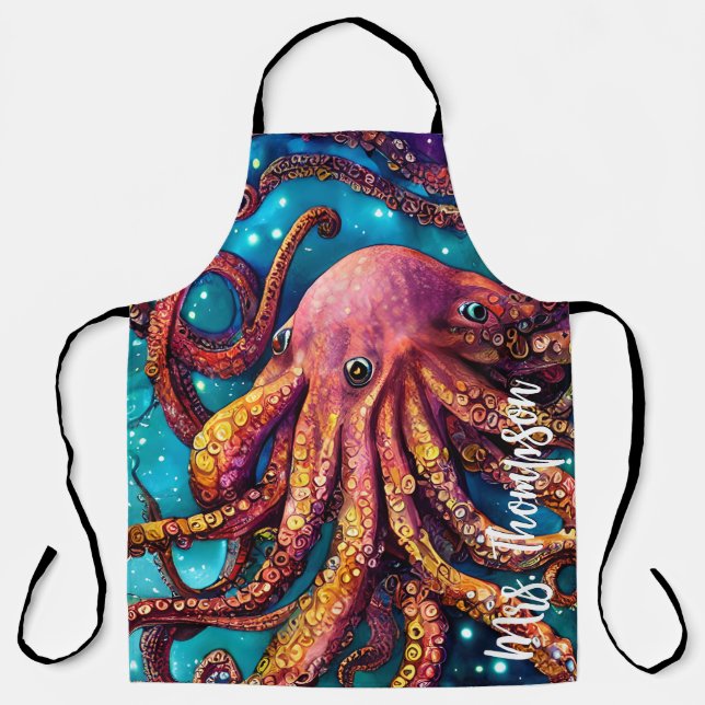 Alien Watercolor Octopus with Personalized Name Apron (Front)
