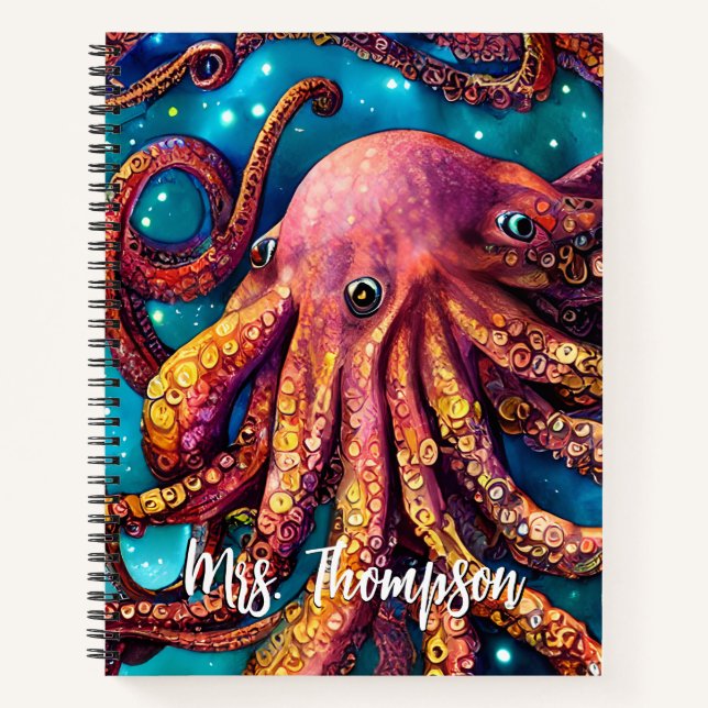Alien Watercolor Octopus with Personalized Name Notebook (Front)