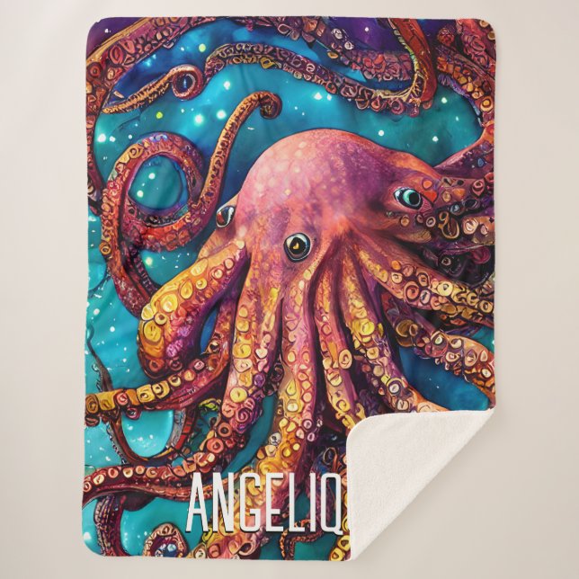 Alien Watercolor Octopus with Personalized Name Sherpa Blanket (Front)