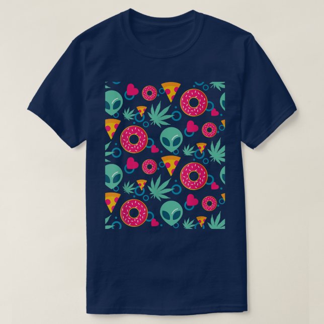 Alien Weed Pizza Donut Food Heart Pattern Cool Sto T-Shirt (Design Front)