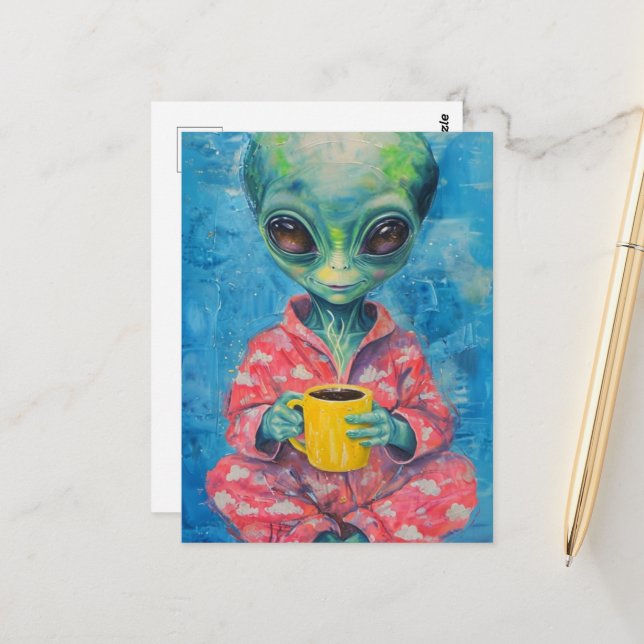 Alien With a Cup of Coffee Postcard (Front/Back In Situ)