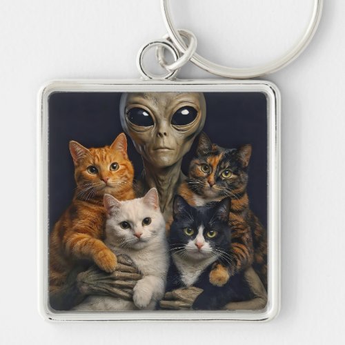 Alien with Cats Renaissance Art Oil Painting Keychain