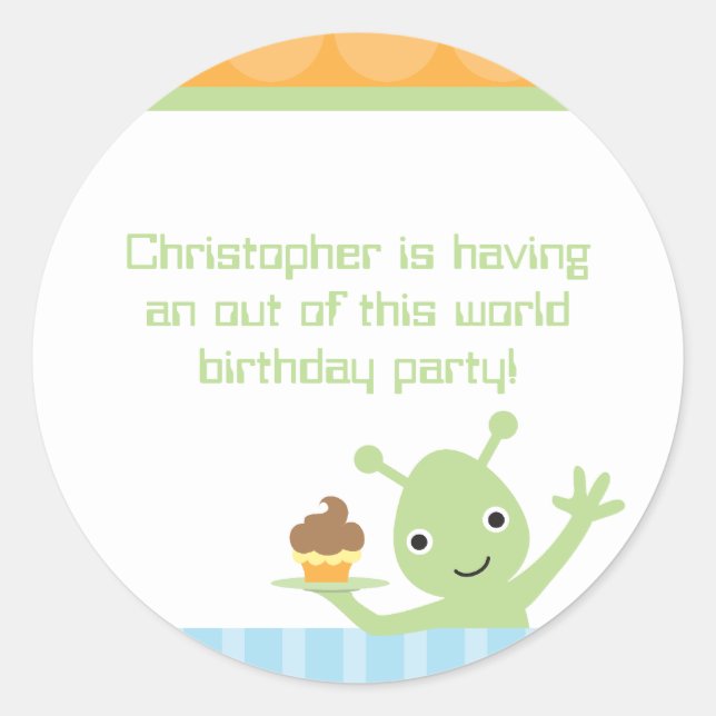 Alien with cupcake boy's birthday party stickers (Front)