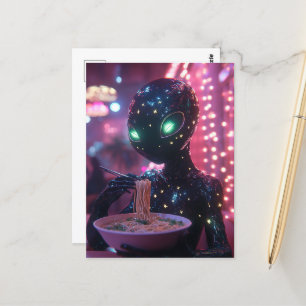 Alien with Glowing Eyes Eating Noodles Postcard