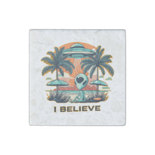 alien with UFO I BELIEVE Stone Magnet