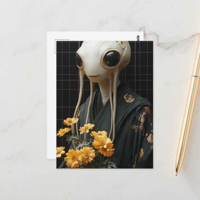 Alien with Yellow Flowers Postcard (Front/Back In Situ)