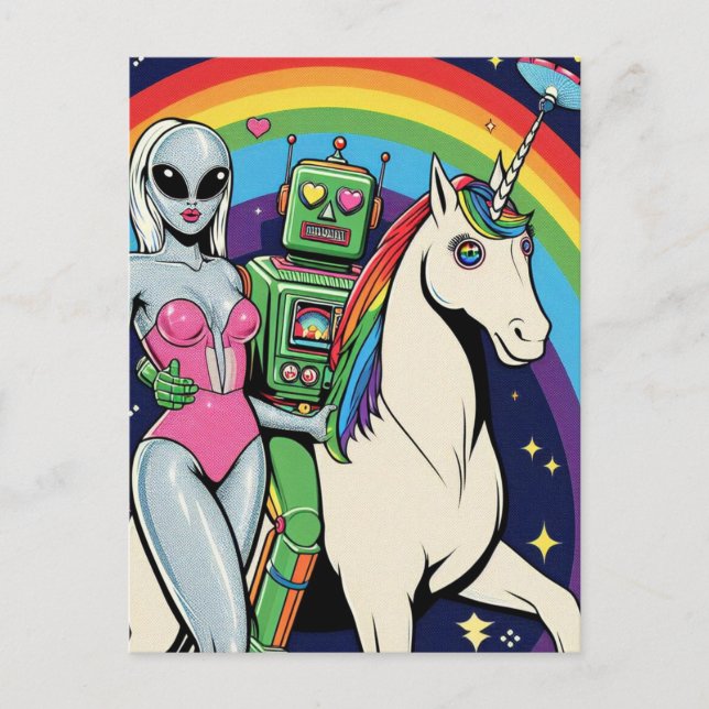  Alien Woman and Green Robot in Love With Unicorn Postcard (Front)