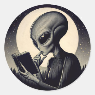 Alien Woman Reading Book Vintage Art Classic Round Sticker