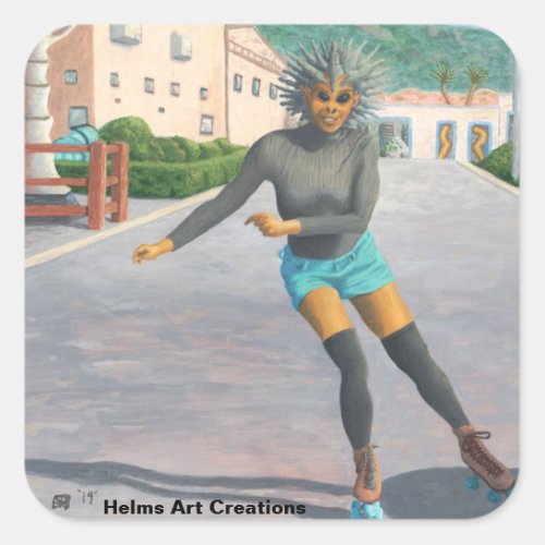 Alien Woman Roller Skating Fantasy Art Stickers