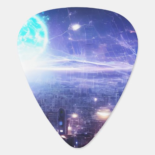 Alien World  Futuristic Shield City  Blue Star Guitar Pick