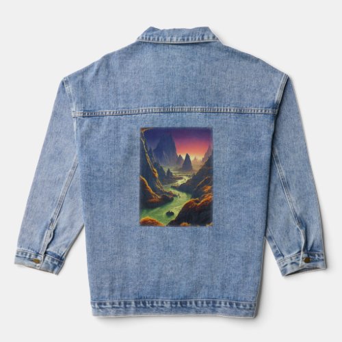Alien World Landscape With Mountains And Waterfall Denim Jacket