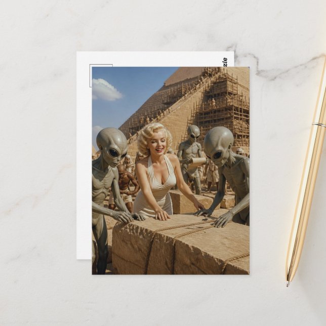 Aliens and a Blond Pinup at the pyramid Postcard (Front/Back In Situ)