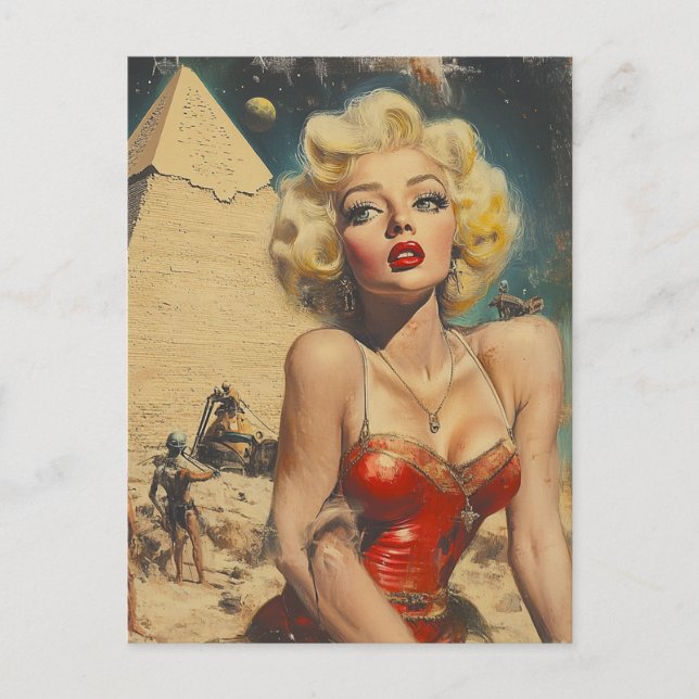 Aliens and a Pinup at the pyramid AI generated art Postcard (Front)