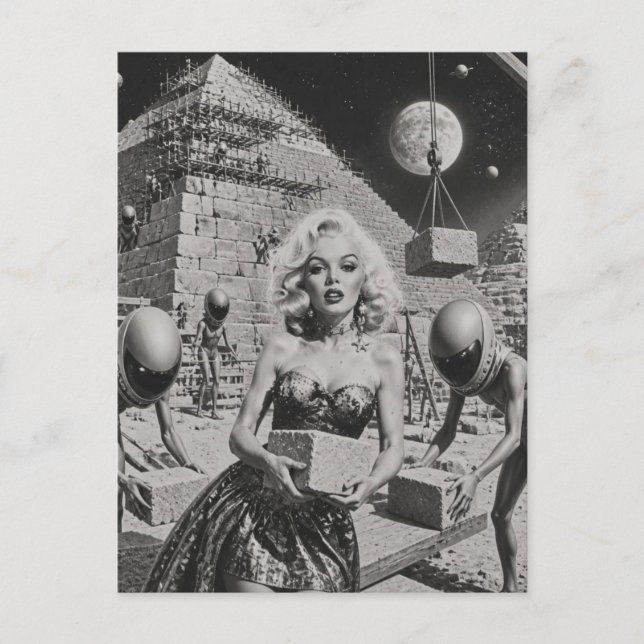 Aliens and a Pinup at the pyramid black and white Postcard (Front)