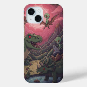 Aliens and Dinosaurs Under Crimson Skies iPhone 15 Case