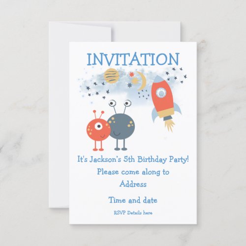 Aliens and Spaceship Cartoon Birthday Invite