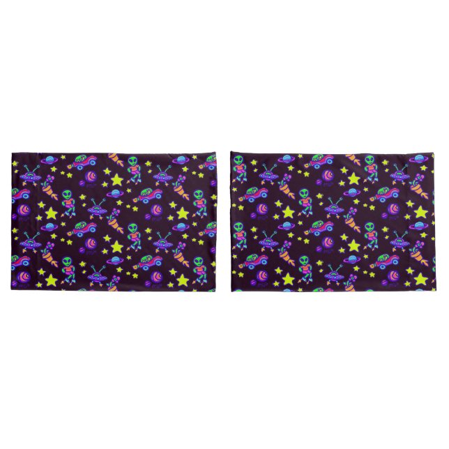 Aliens And Stars In Outer Space Print Kids Pillow Case (Back-Set)