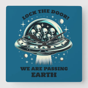 Aliens Avoid Earth Lock The Door Spaceship Light Square Wall Clock
