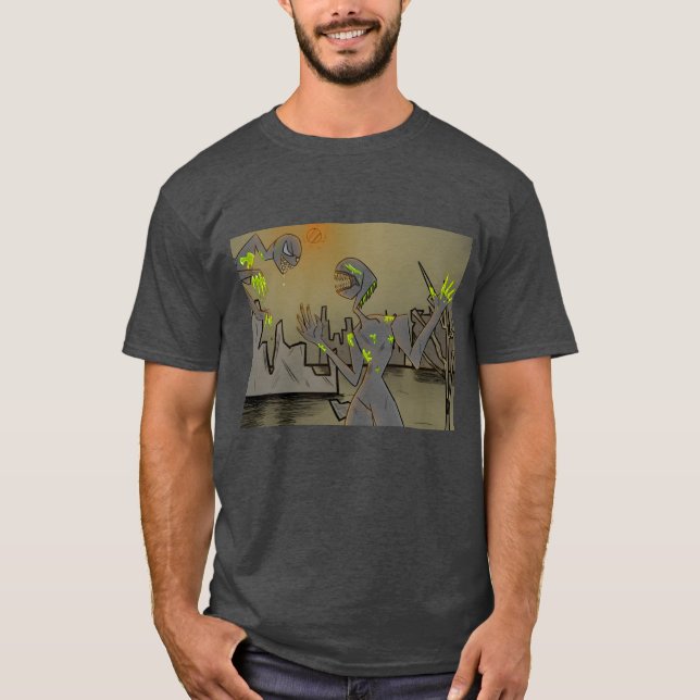 Aliens fighting in a post-apocalyptic world T-Shirt (Front)