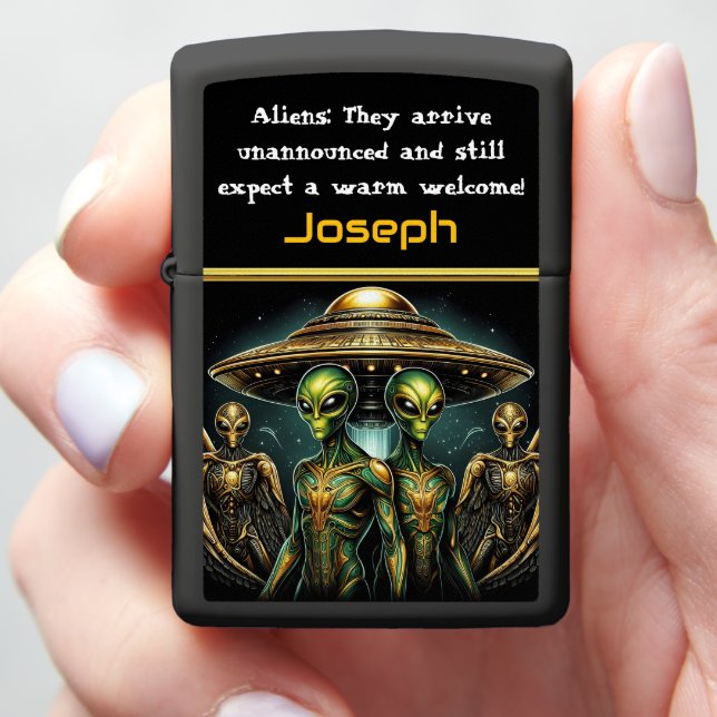 Aliens Gather by Golden Spaceship at Area 51 Zippo Lighter (In Hand)