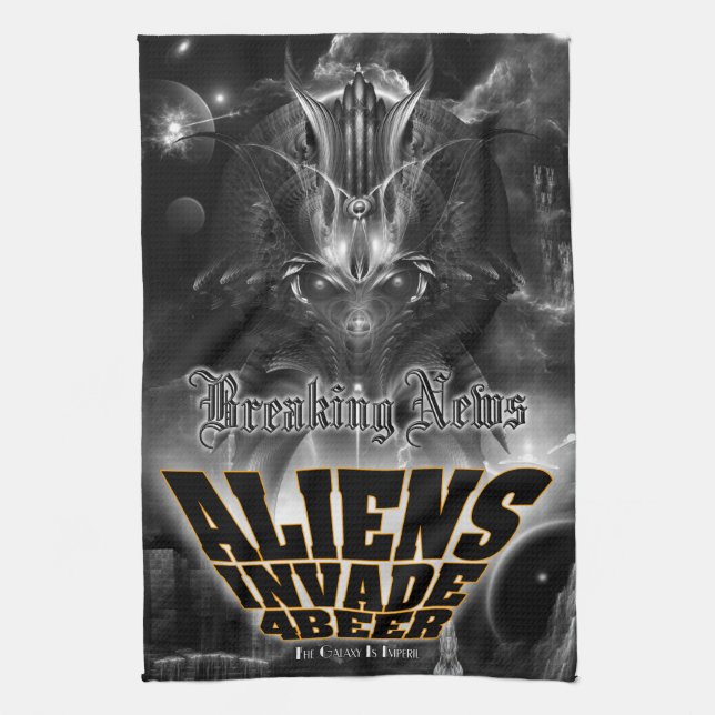 Aliens Invade 4 Beer Galaxy Attack Kitchen Towel (Vertical)