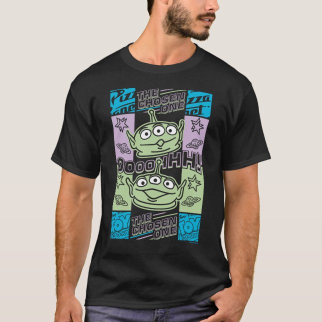 Aliens Neon Pizza Planet Collage T-Shirt (Front)