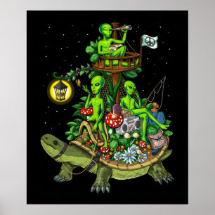 Aliens Riding Turtle Poster